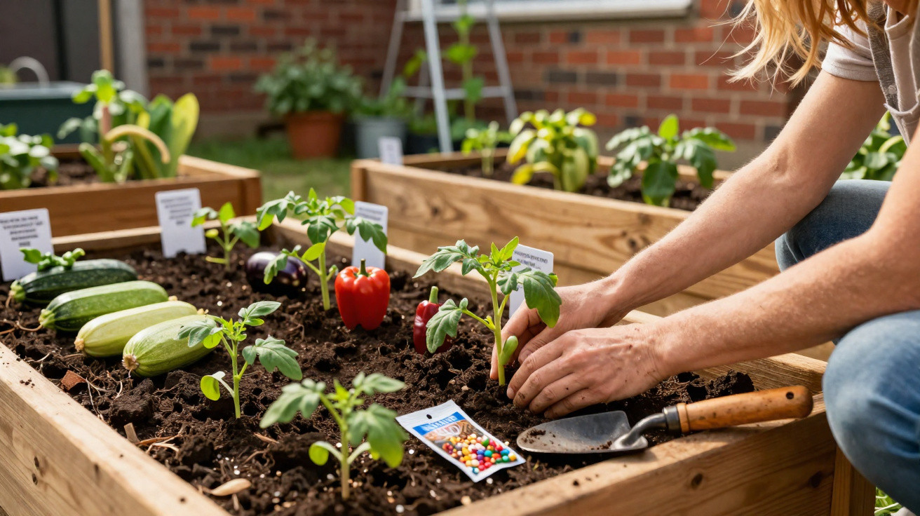 Pessoa a plantar tomateiros numa horta elevada com pimentos, courgetes e etiquetas de identificação das plantas.