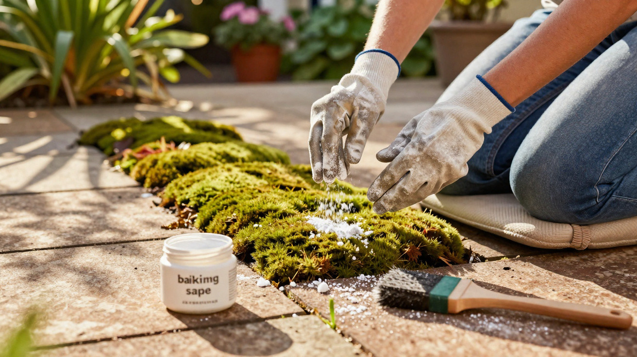 Pessoa com luvas a aplicar produto em musgo num jardim de apartamento, com pincel e frasco junto.