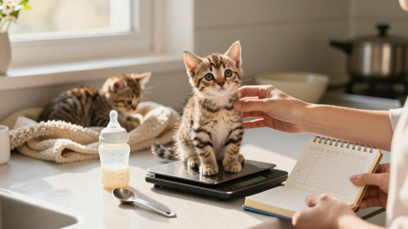 Gato bebé a ser pesado numa balança digital, com outra gata ao fundo e pessoa a fazer anotações.