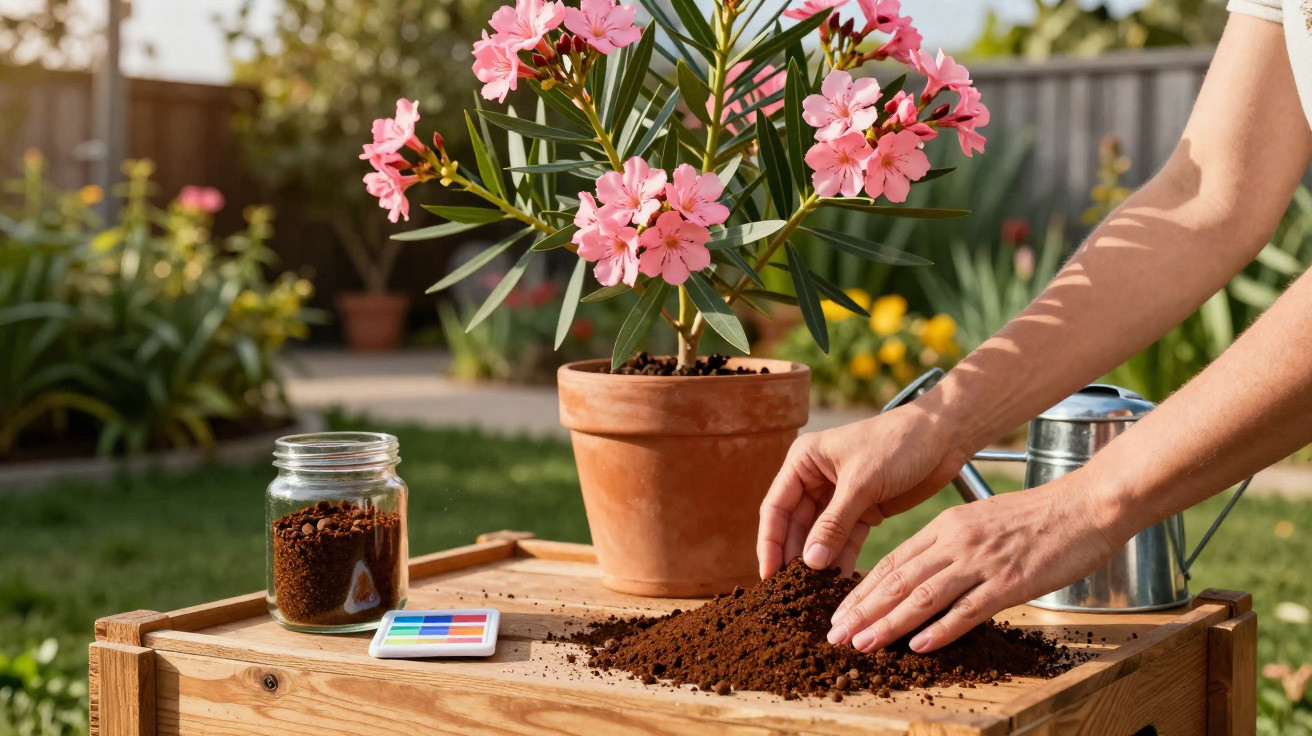 Pessoa a mexer terra para plantas num jardim, com vaso de flor cor-de-rosa e regador ao fundo