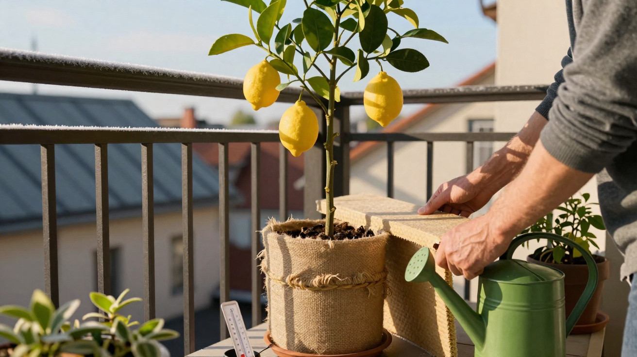 Homem rega árvore de limão com três frutos num vaso de juta numa varanda ensolarada.
