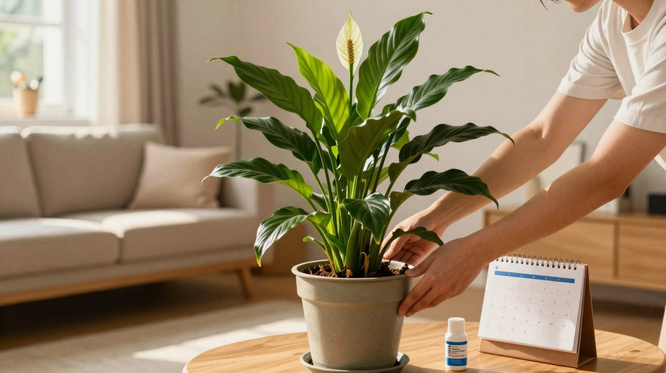 Pessoa a cuidar de planta em vaso sobre mesa de madeira numa sala iluminada naturalemente