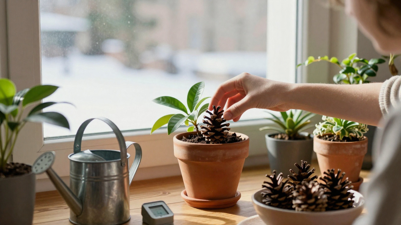 Mão a colocar pinha num vaso com planta numa janela ensolarada, ao lado de regador e outras plantas.