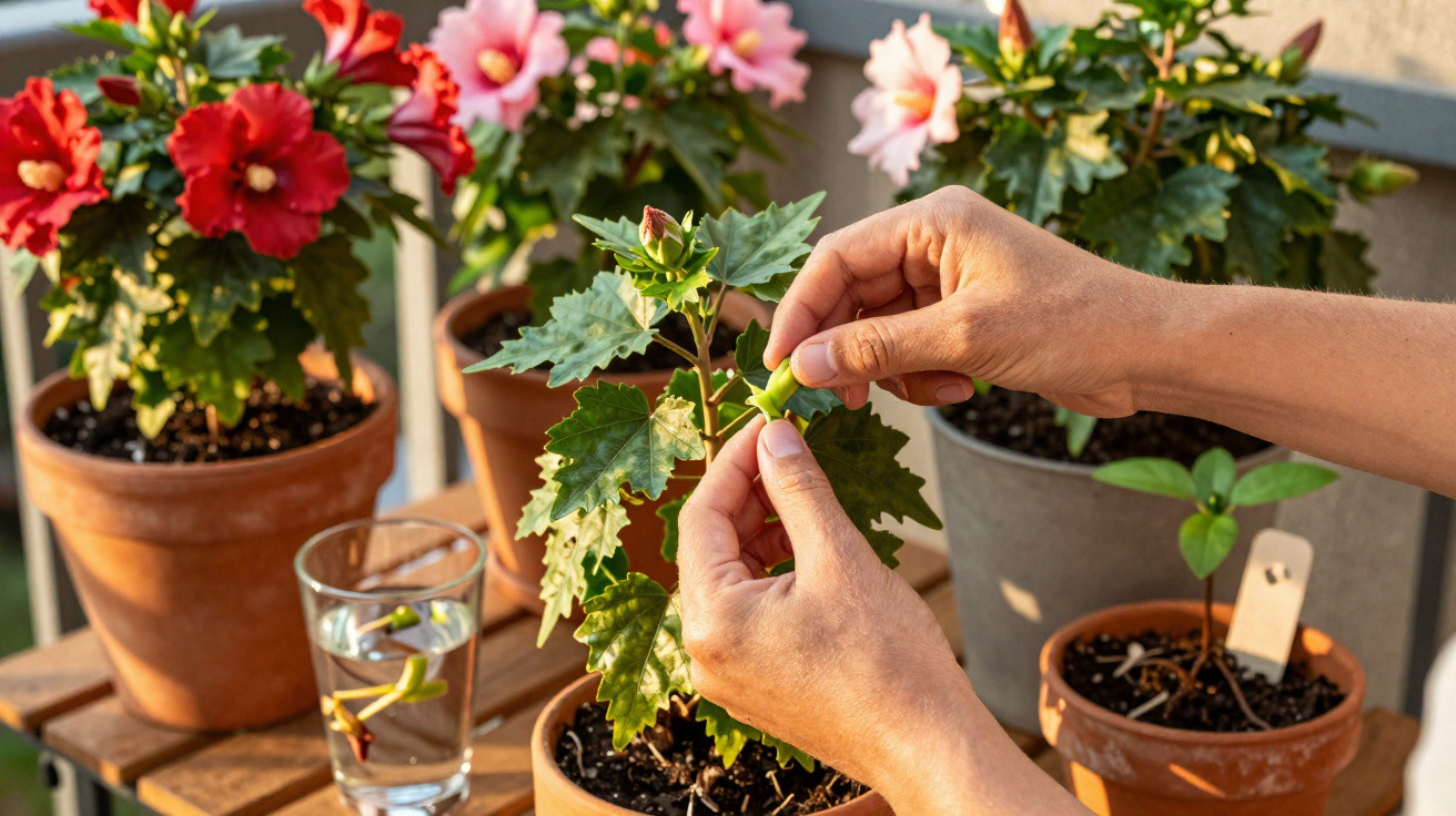 Mãos a cuidar de uma planta com flores em vaso de barro numa varanda com outras plantas floridas.
