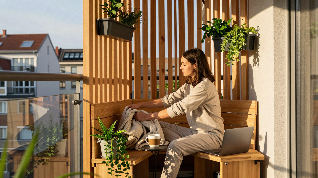 Mulher sentada numa varanda ensolarada, rodeada de plantas, com computador portátil ao lado.