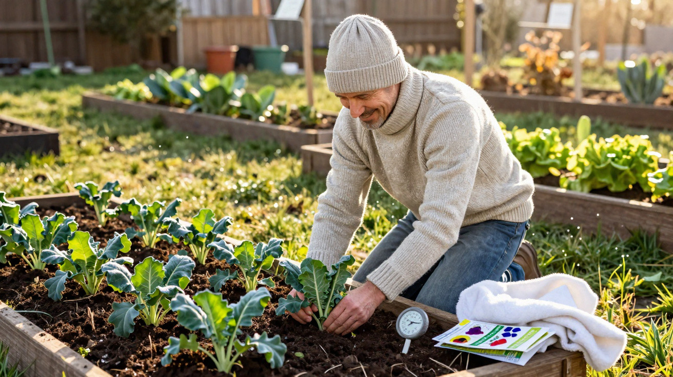 Homem a cuidar de plantas verdes num canteiro elevado num jardim ensolarado, vestido com camisola e gorro.