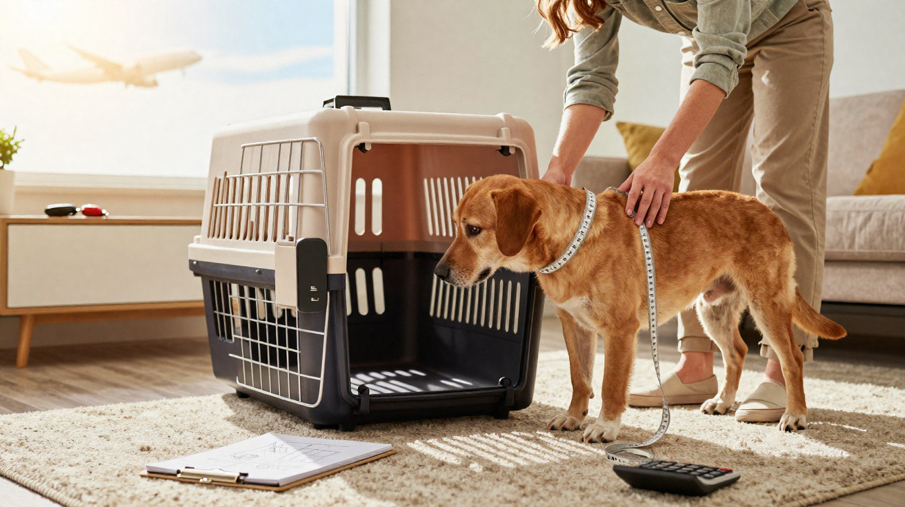 Pessoa a medir um cão com uma fita métrica junto a uma transportadora para viagem aérea.