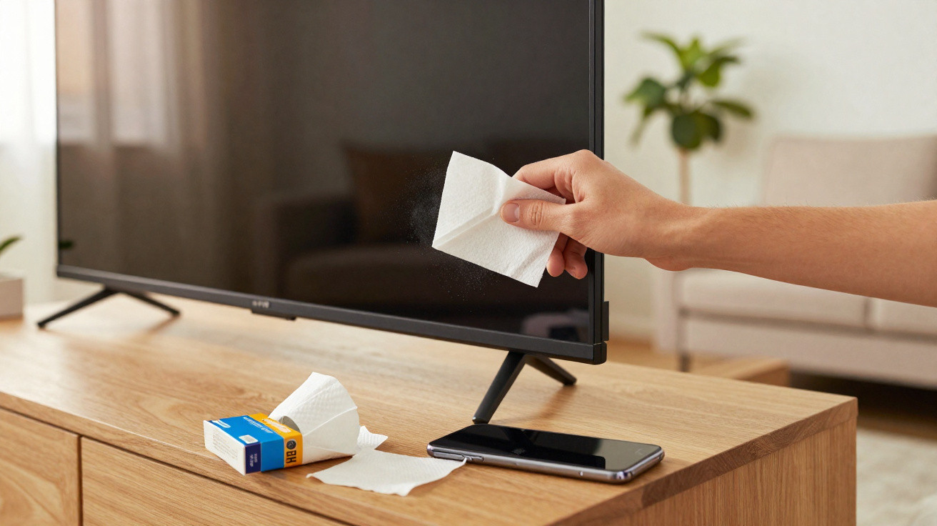 Pessoa a limpar ecrã de televisão com lenço desinfetante numa sala de estar moderna.