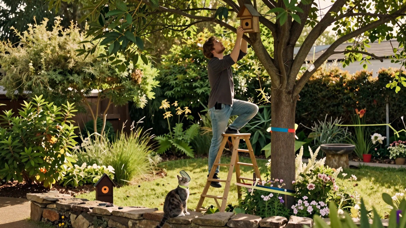 Homem a instalar uma casa de pássaros numa árvore num jardim, com um gato sentado num muro próximo.