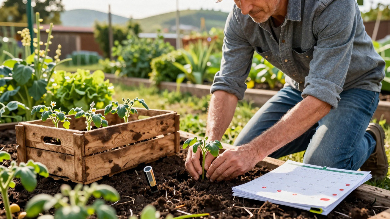 Homem a plantar uma muda num canteiro num jardim, com caixa de mudas e calendário ao lado.