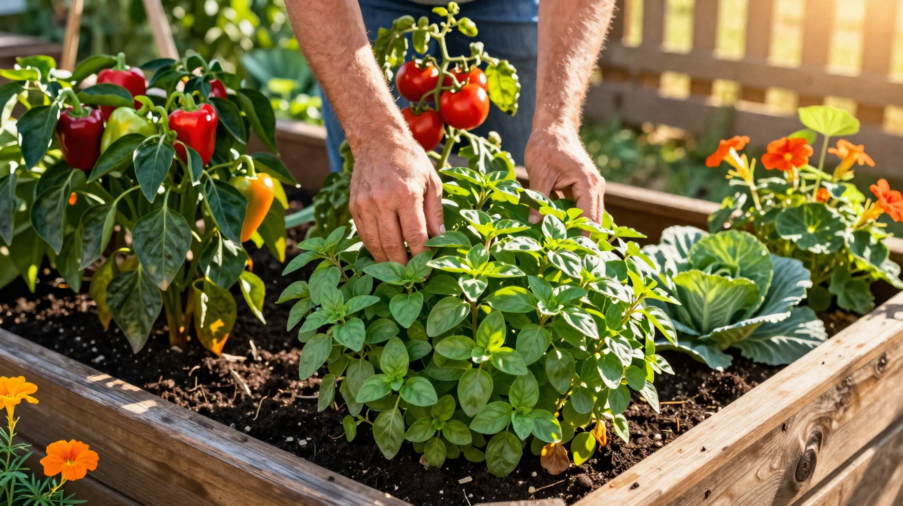 Pessoa a cuidar de plantas aromáticas e hortícolas num vaso elevado de madeira, ao ar livre.