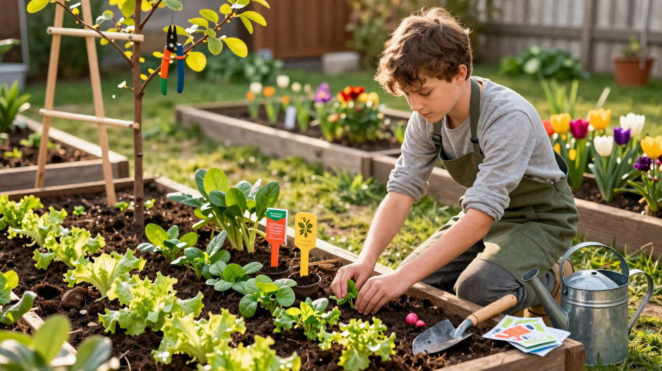 Criança a cuidar de plantas numa horta com ferramentas de jardinagem num dia ensolarado.