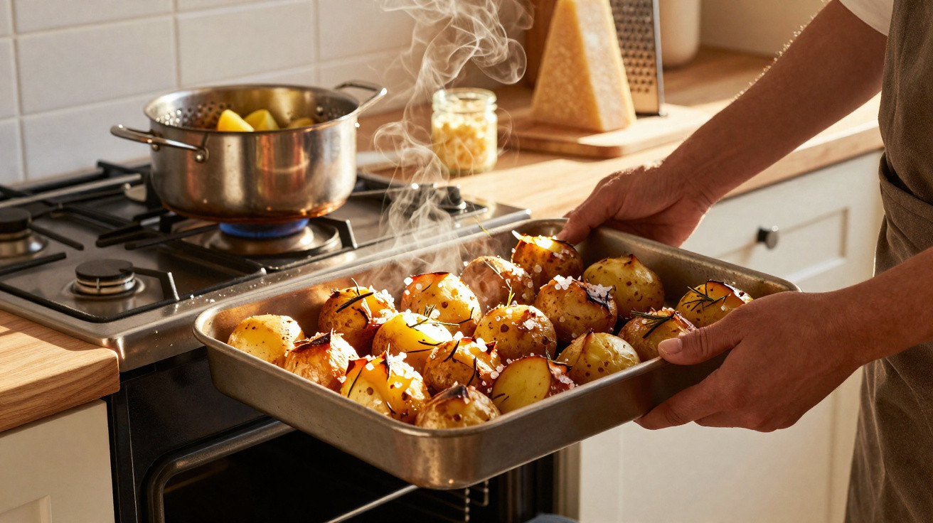 Pessoa a retirar batatas assadas fumegantes do forno numa cozinha moderna.