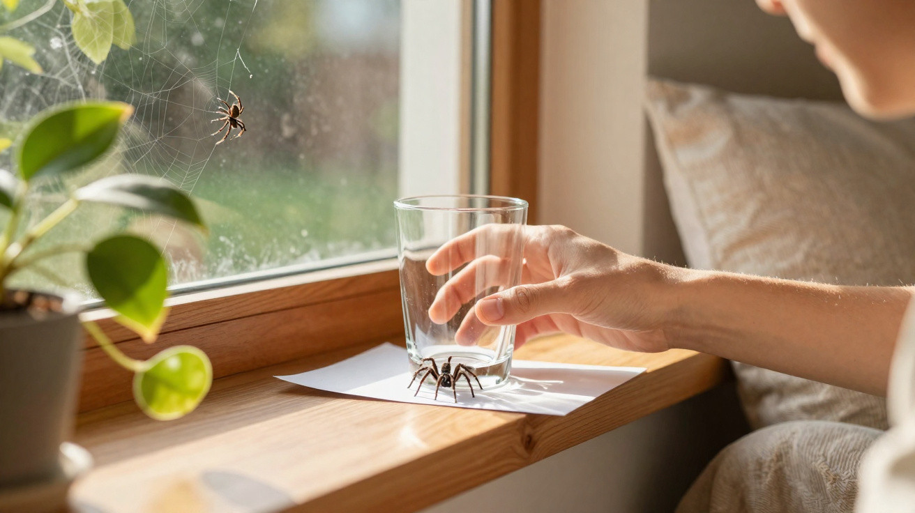 Mão a apanhara uma aranha com um copo transparente numa janela, com outra aranha numa teia ao fundo.