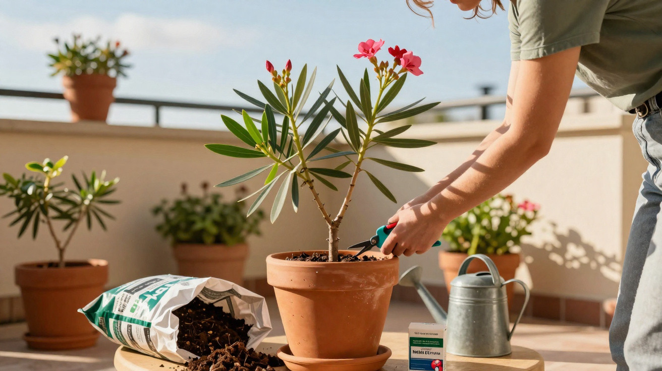 Pessoa a cuidar de planta com flores cor-de-rosa num vaso terracota numa varanda ensolarada.