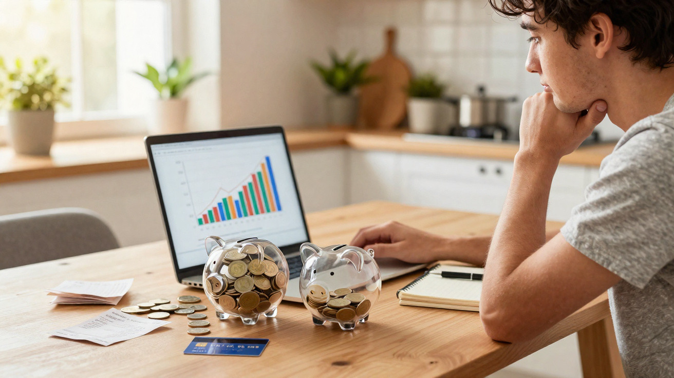 Pessoa a analisar gráficos financeiros num computador portátil com mealheiros e moedas numa mesa de madeira.
