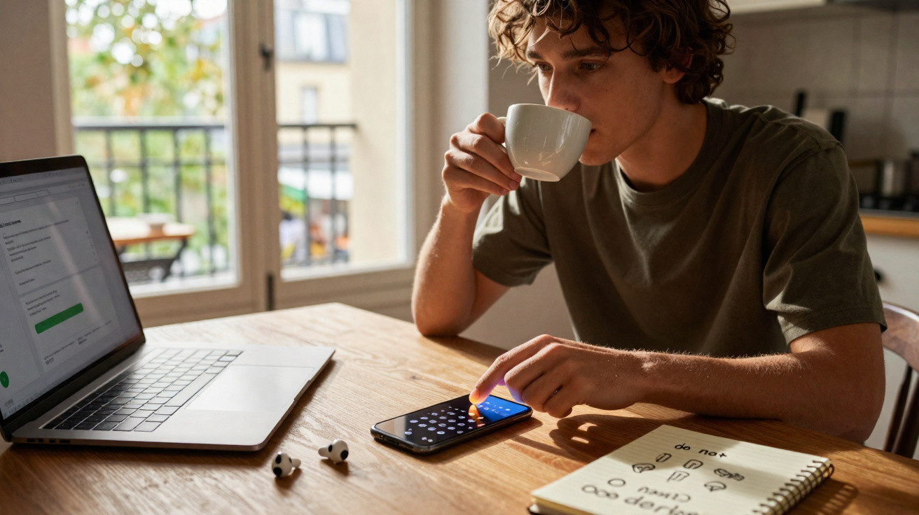 Jovem a beber café, a usar um smartphone e com um portátil aberto na mesa de madeira.