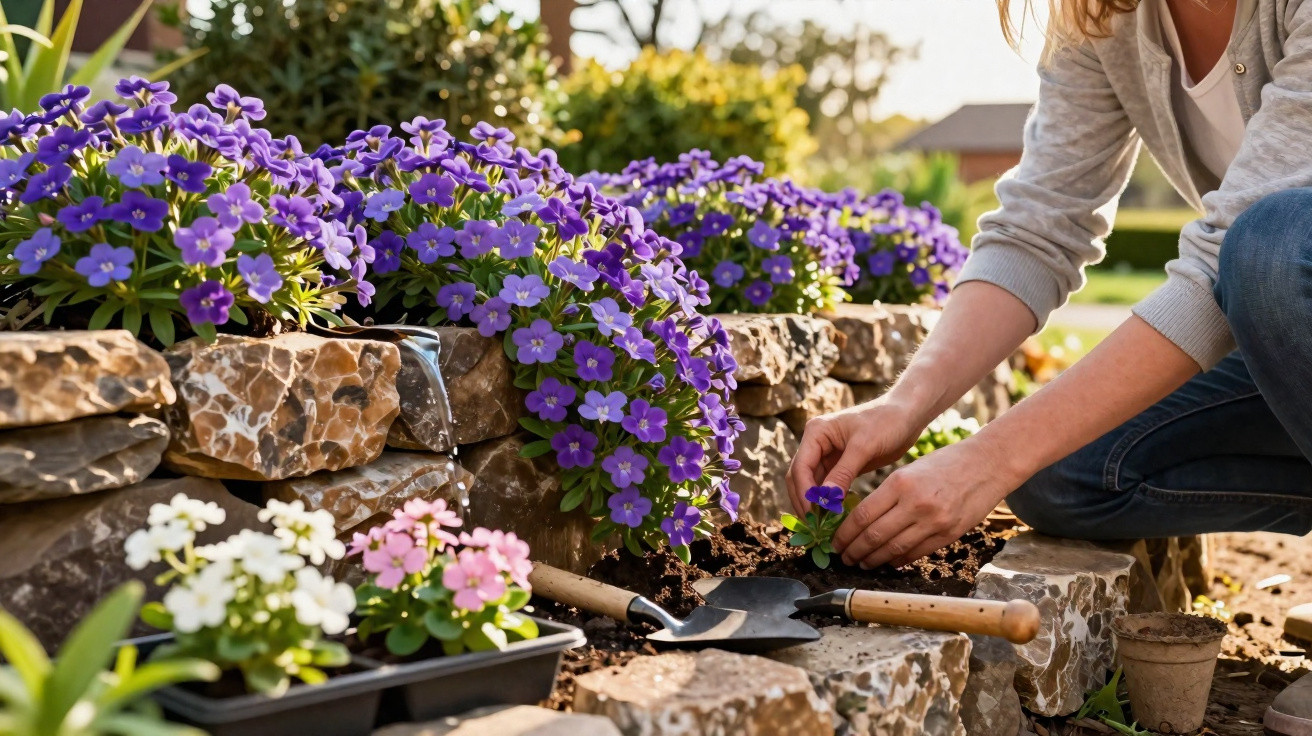 Pessoa a plantar flores violetas num jardim com flores brancas e rosas junto a um muro de pedra.