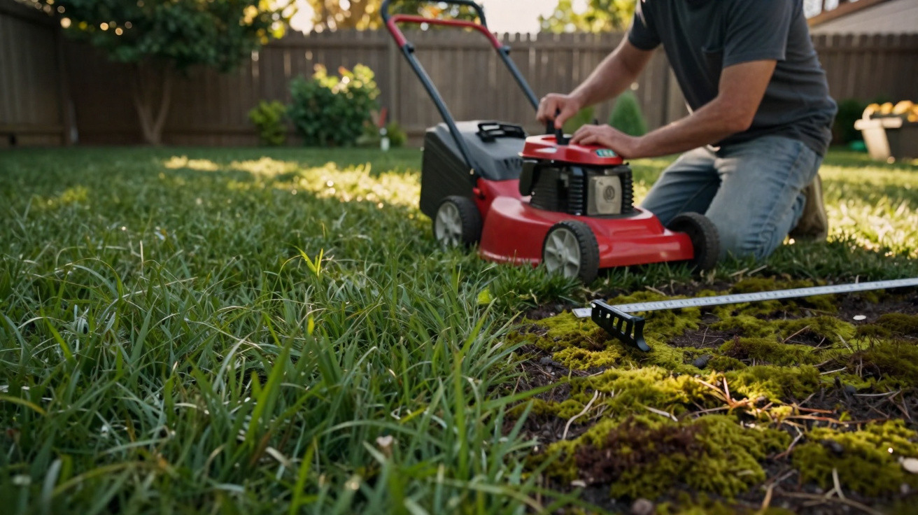 Pessoa a preparar cortador de relva num jardim com relva verde e musgo ao lado.