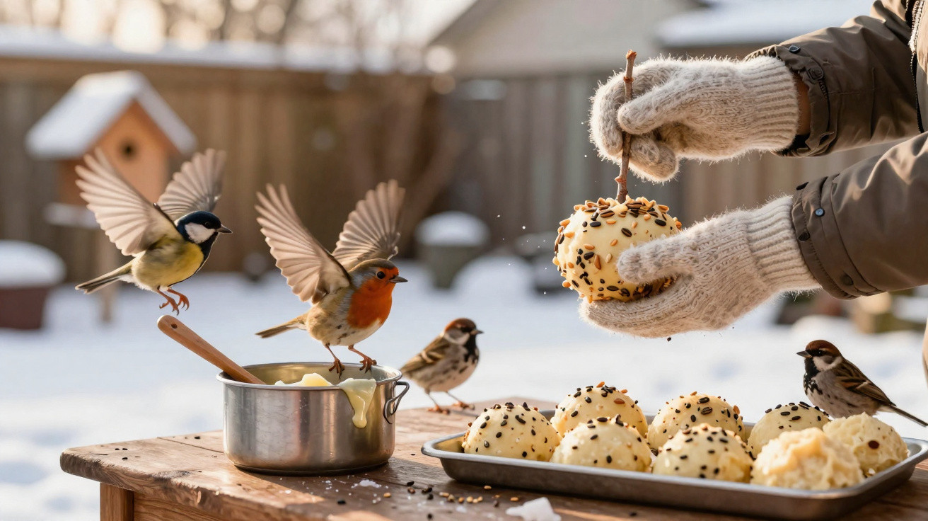 Pássaros a alimentar-se de bolas de sementes feitas à mão num ambiente de inverno com neve.