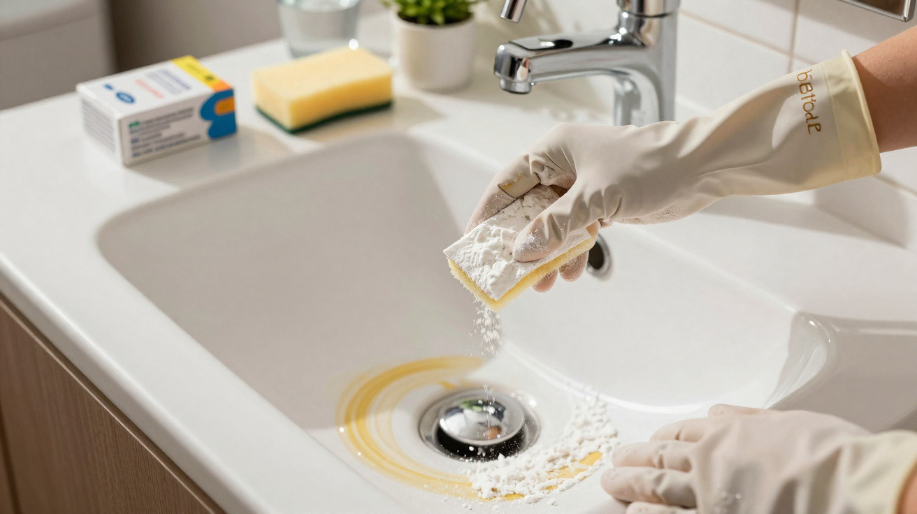 Pessoa com luvas a aplicar pó de limpeza num lava-loiças branco com uma esponja amarela.