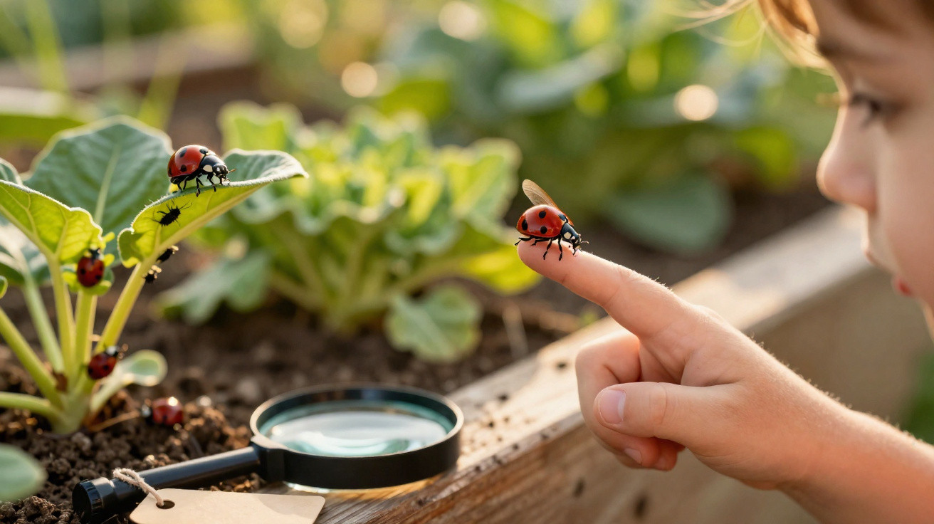 Criança observa de perto uma joaninha pousada no seu dedo num canteiro de plantas com lupa ao lado.