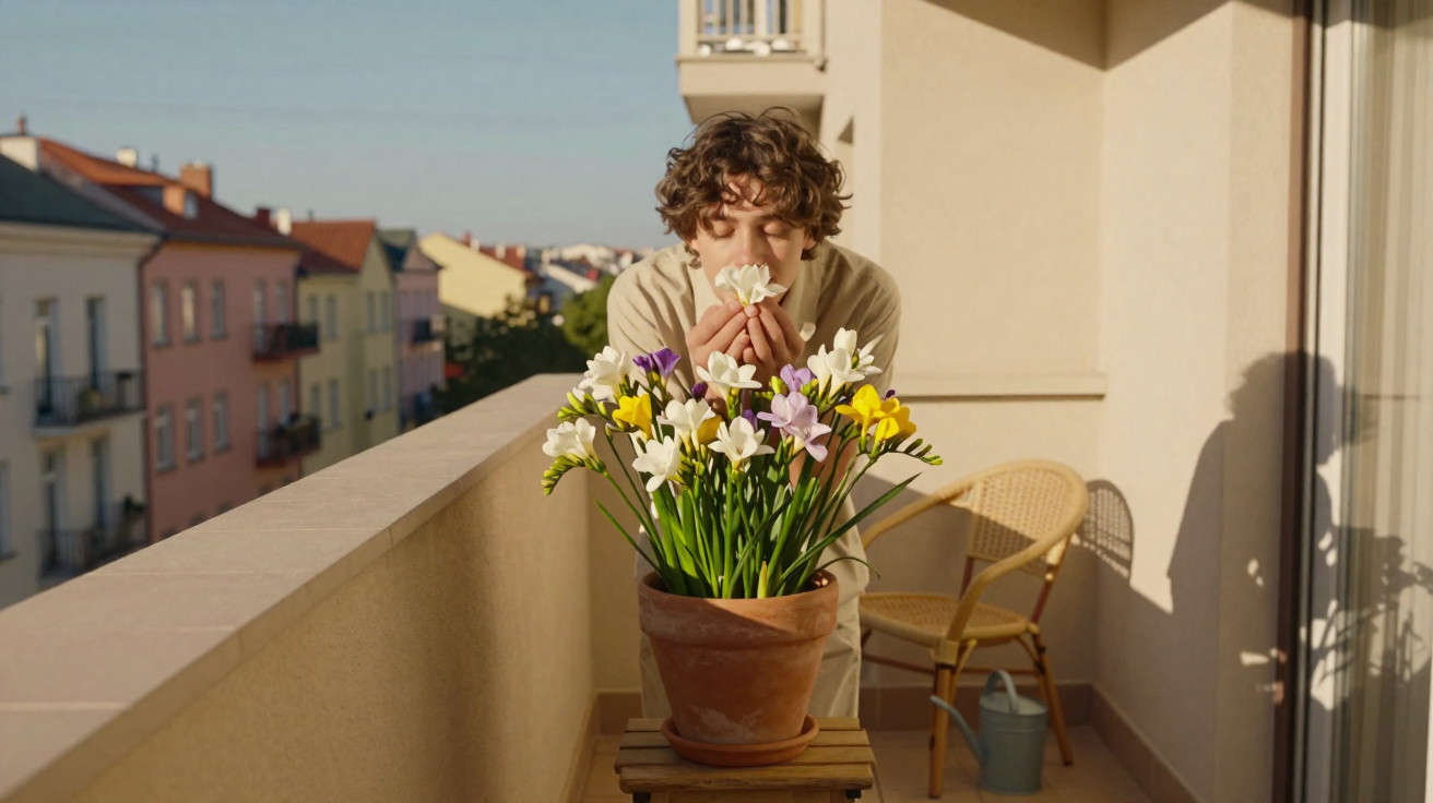 Pessoa com cabelo encaracolado a cheirar flores coloridas num vaso num terraço ensolarado.