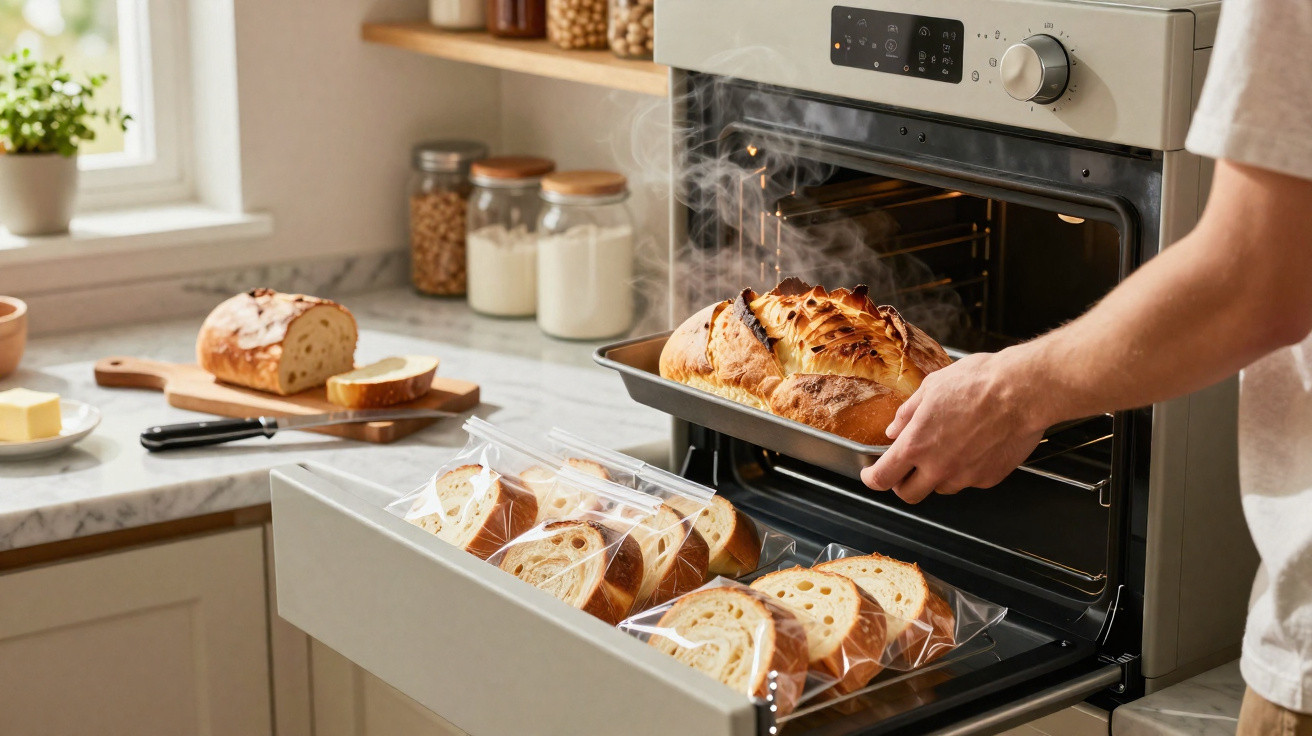 Pessoa a tirar pão acabado de cozer do forno numa cozinha com várias fatias de pão embaladas.