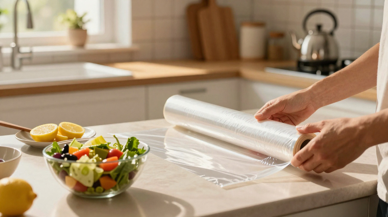 Mãos a desenrolar película aderente numa bancada de cozinha com salada e limões ao lado.