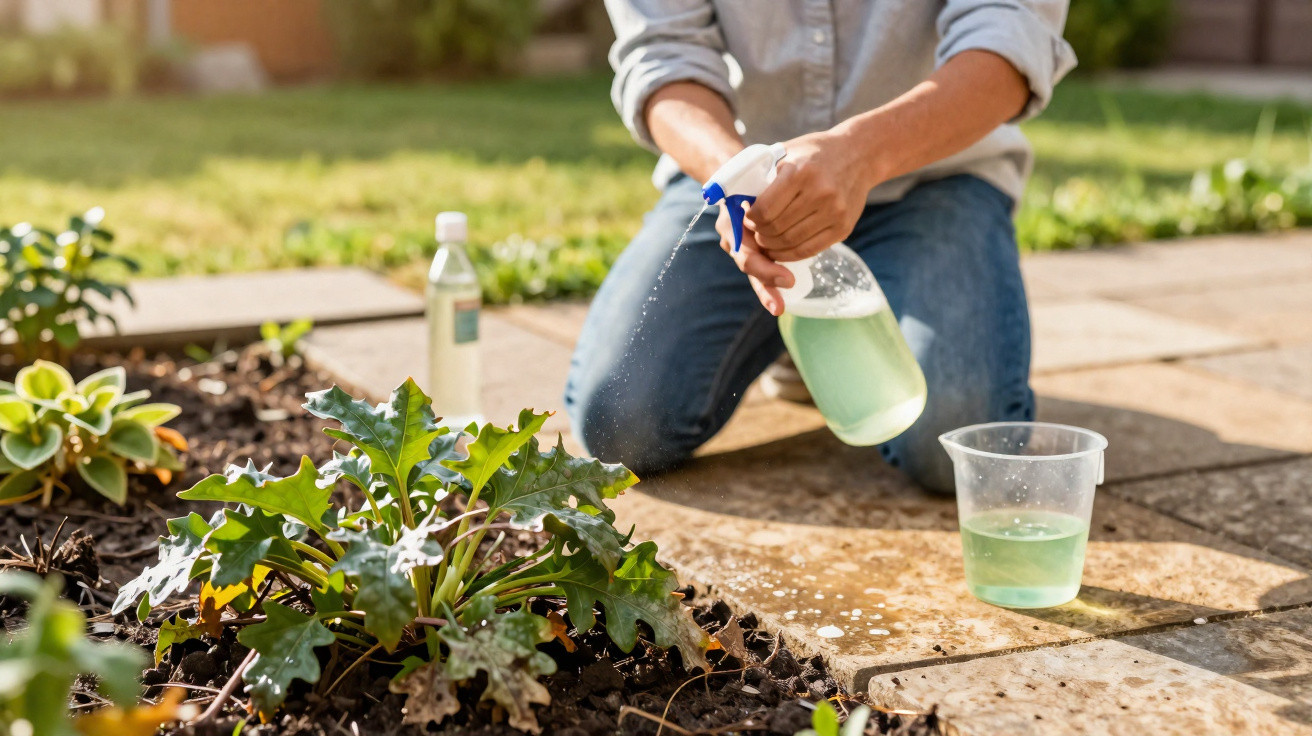 Pessoa a aplicar spray em planta num jardim com líquido verde num regador de plástico.