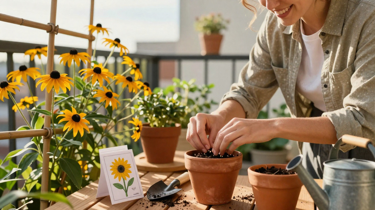 Mulher a semear sementes em vaso de barro num jardim com flores amarelas ao sol.