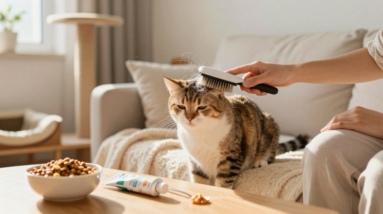 Gato a ser escovado numa sala iluminada, com uma mão a passar um pente no pelo do animal.