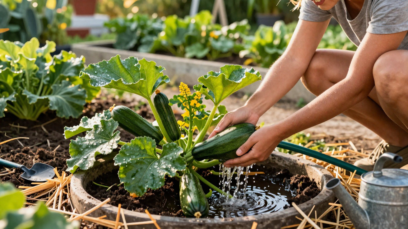 Pessoa a lavar courgettes plantadas num vaso no jardim durante o dia.