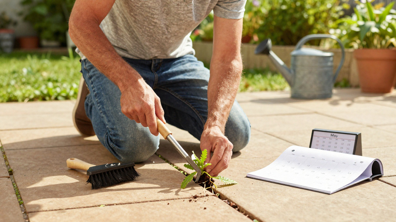 Pessoa a arrancar erva daninha entre pedras de calçada com ferramentas de jardim e calendário aberto.