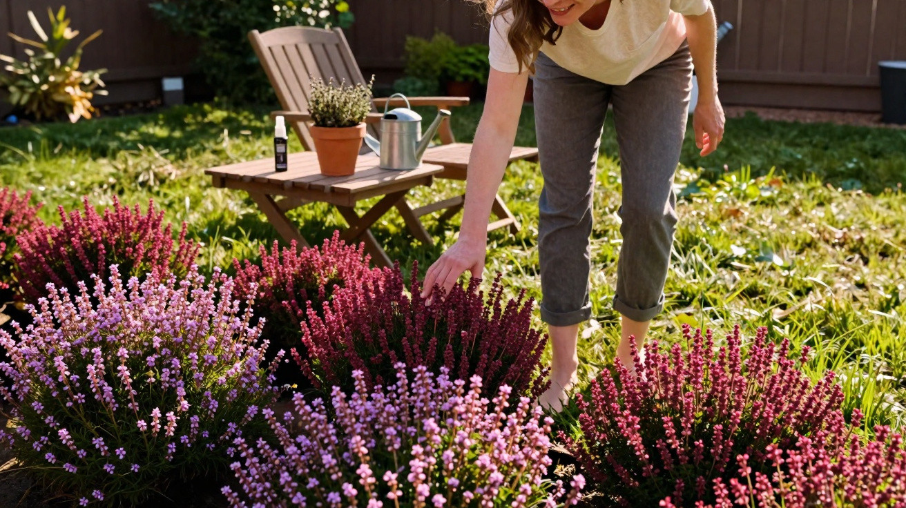 Mulher a cuidar de flores roxas e rosas num jardim, com cadeira de madeira e regador ao fundo.