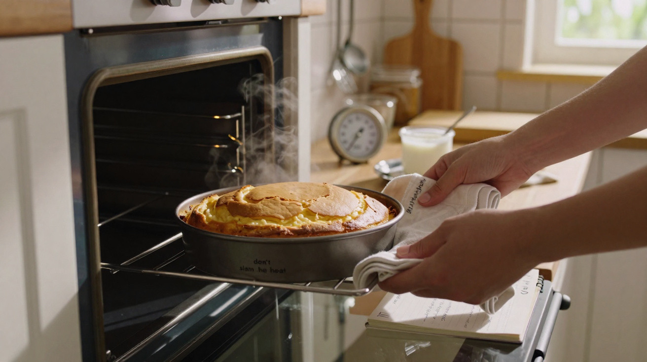 Pessoa a retirar do forno uma tarte dourada que liberta vapor na cozinha acolhedora e iluminada.
