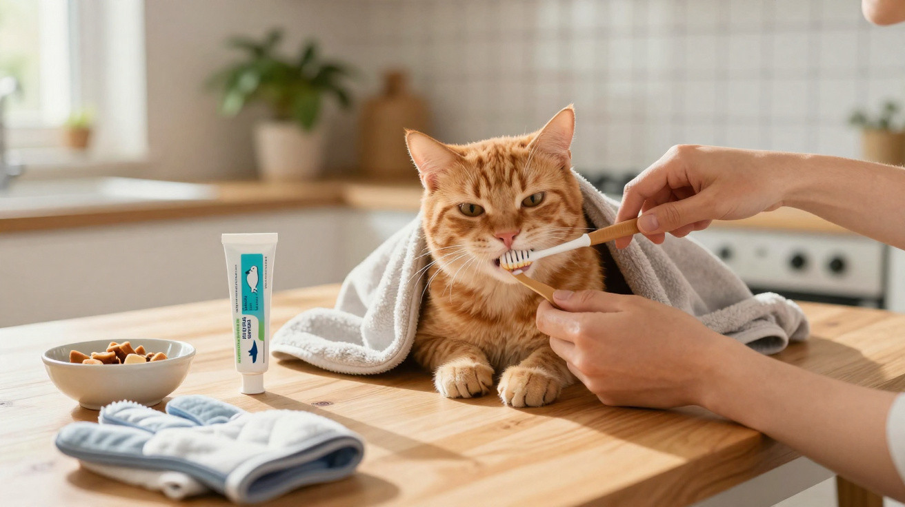 Gato com uma toalha enrolada é escovado nos dentes por uma pessoa numa cozinha iluminada.