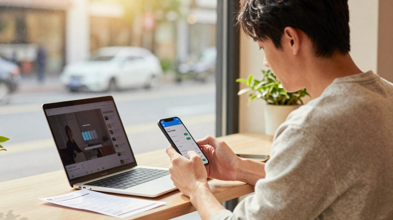 Pessoa a usar smartphone com computador portátil aberto numa mesa junto a uma janela.