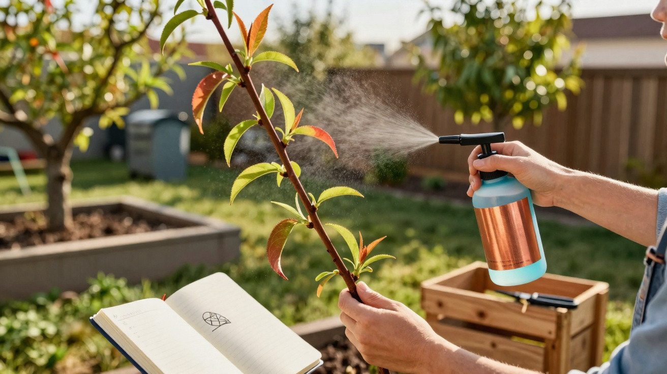 Pessoa a pulverizar uma planta num jardim, com caderno aberto para anotar observações.