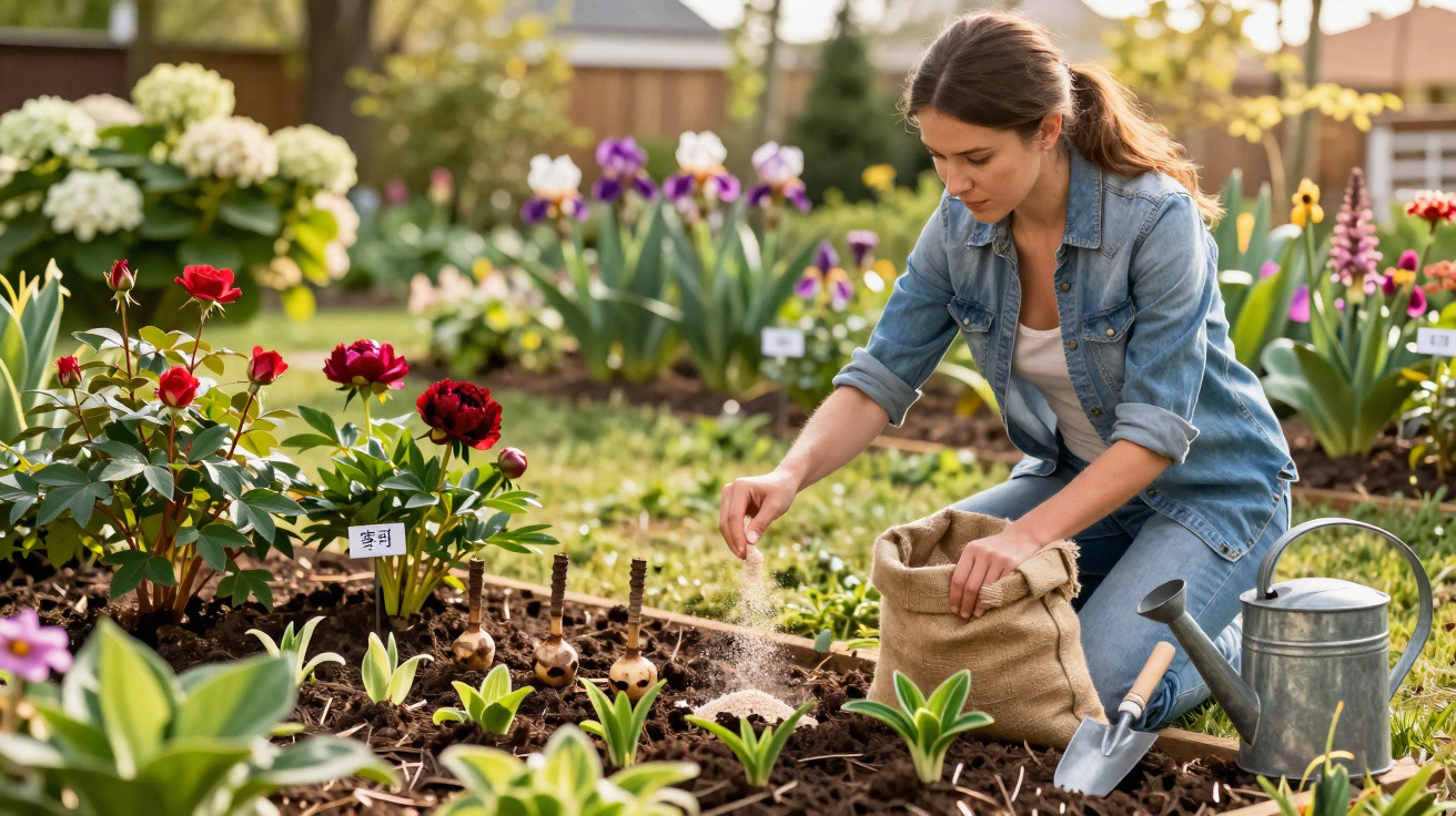 Mulher a adubar flores num jardim com regador e enxada ao lado numa manhã ensolarada.