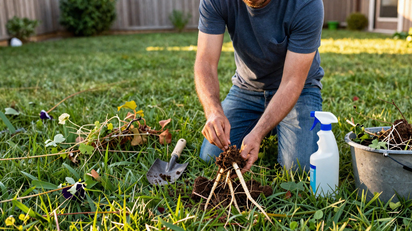 Pessoa ajoelhada a transplantar planta num jardim com utensílios de jardinagem numa relva verde.