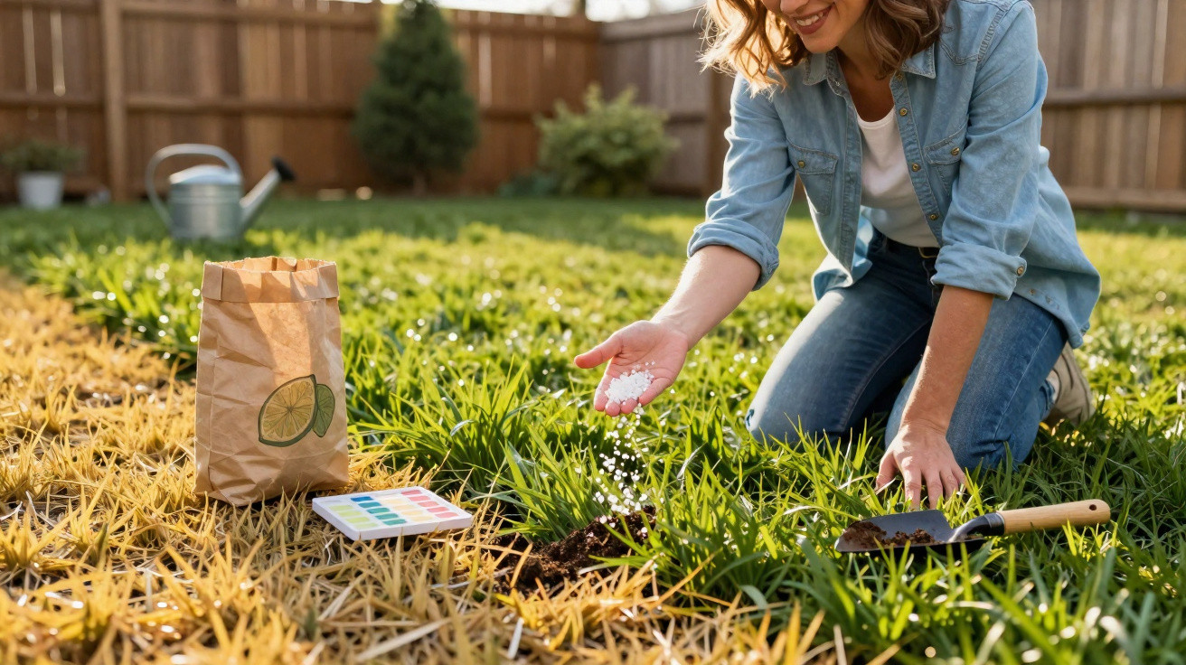 Mulher fertiliza relva no jardim com ferramenta de jardinagem e saco de suplemento.
