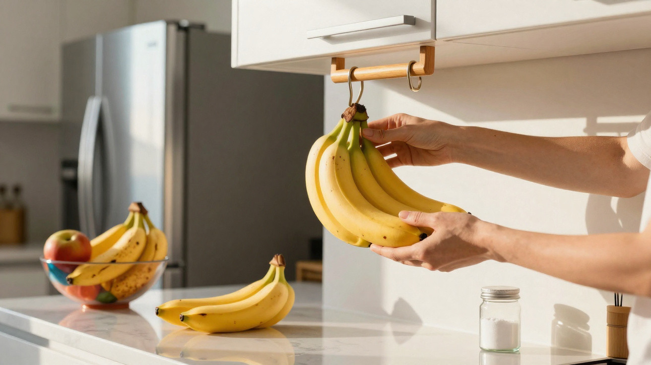 Mãos a pendurar cacho de bananas no suporte numa cozinha moderna com frutas numa tigela e frigorífico ao fundo.