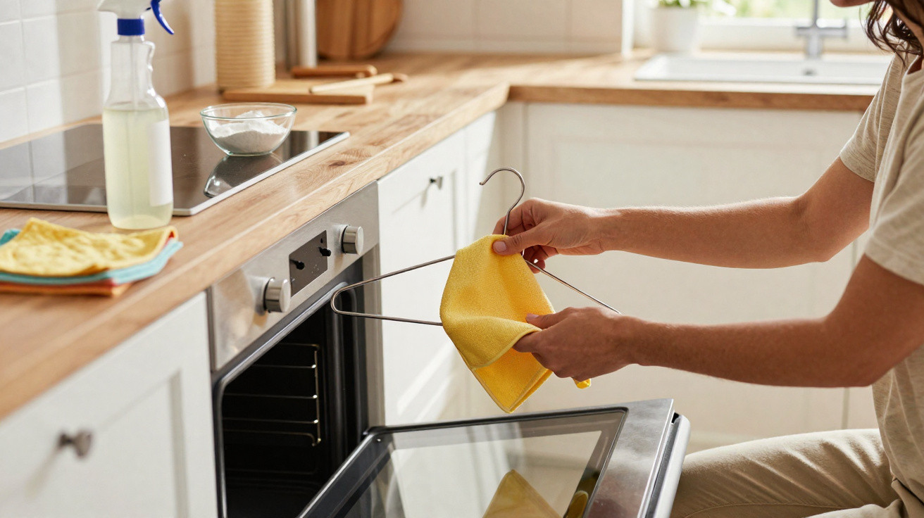 Pessoa a limpar o interior de um forno com um pano amarelo numa cozinha moderna.