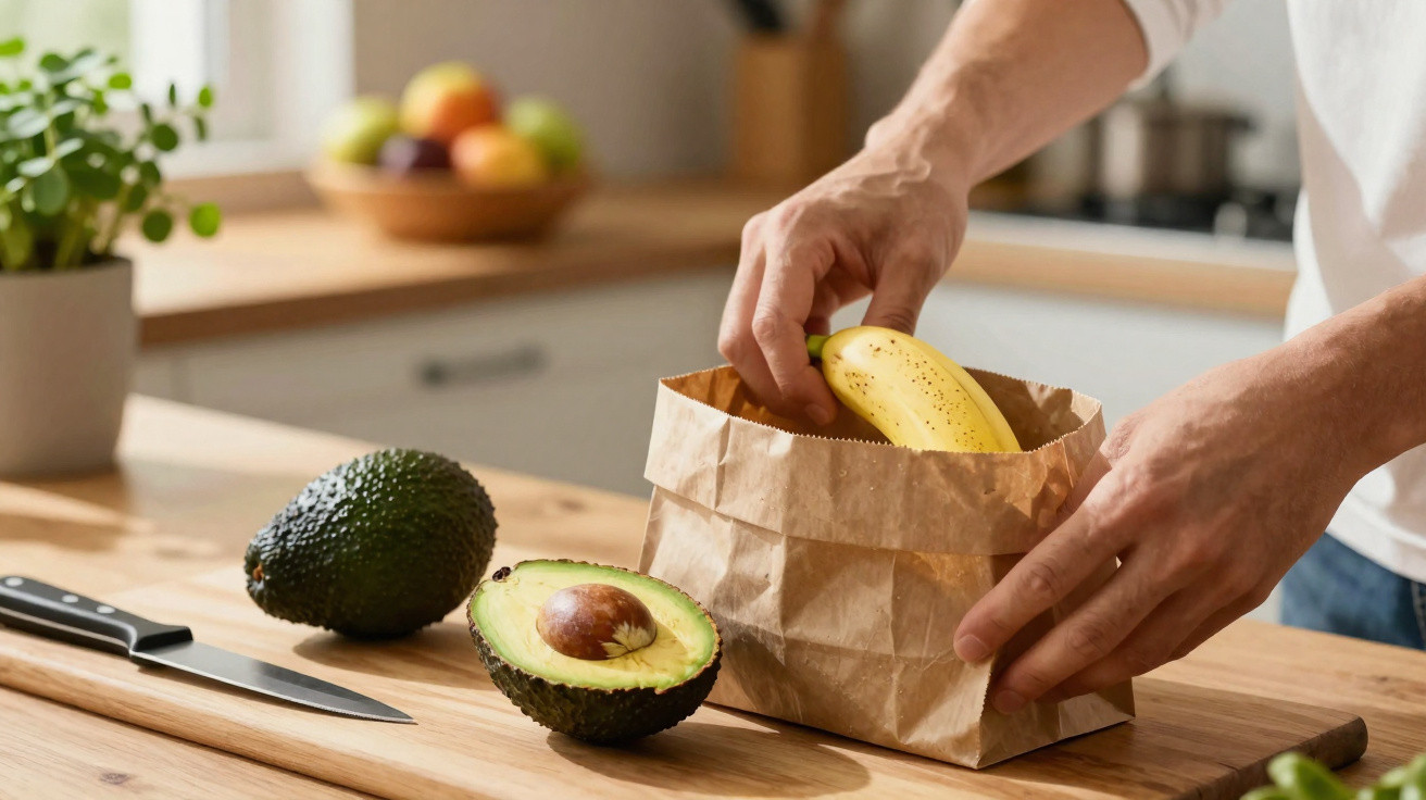 Mãos a colocar uma banana numa bolsa de papel numa cozinha, com abacates e uma faca na bancada de madeira.
