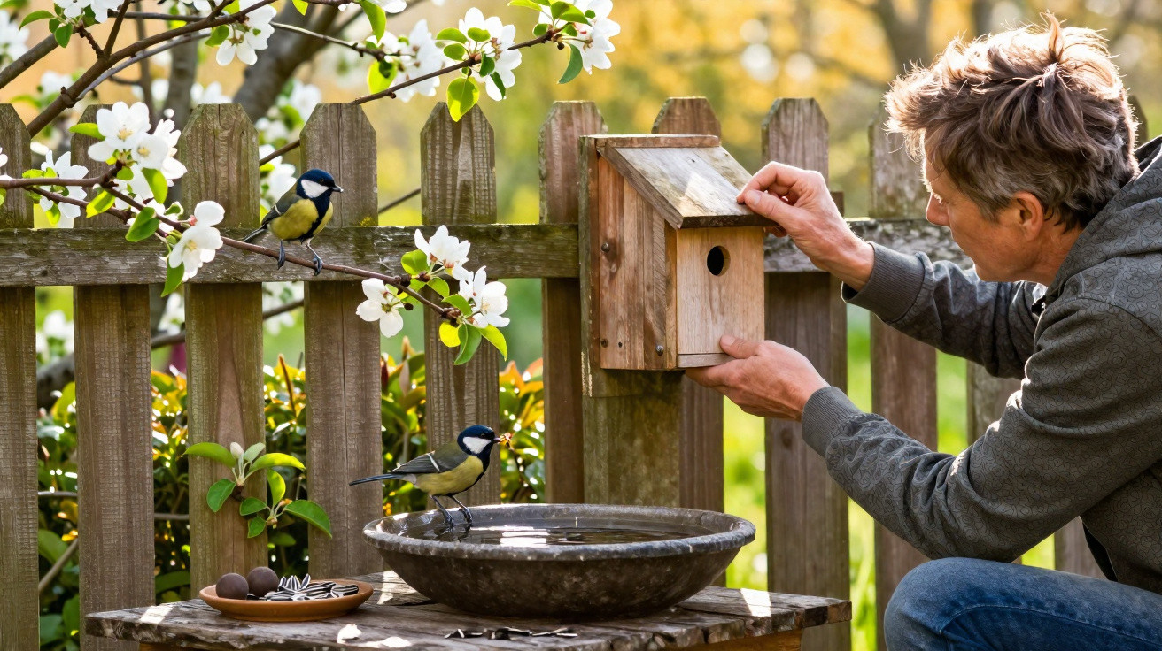 Homem a instalar casa de madeira para pássaros num jardim com flores e dois pássaros coloridos por perto.