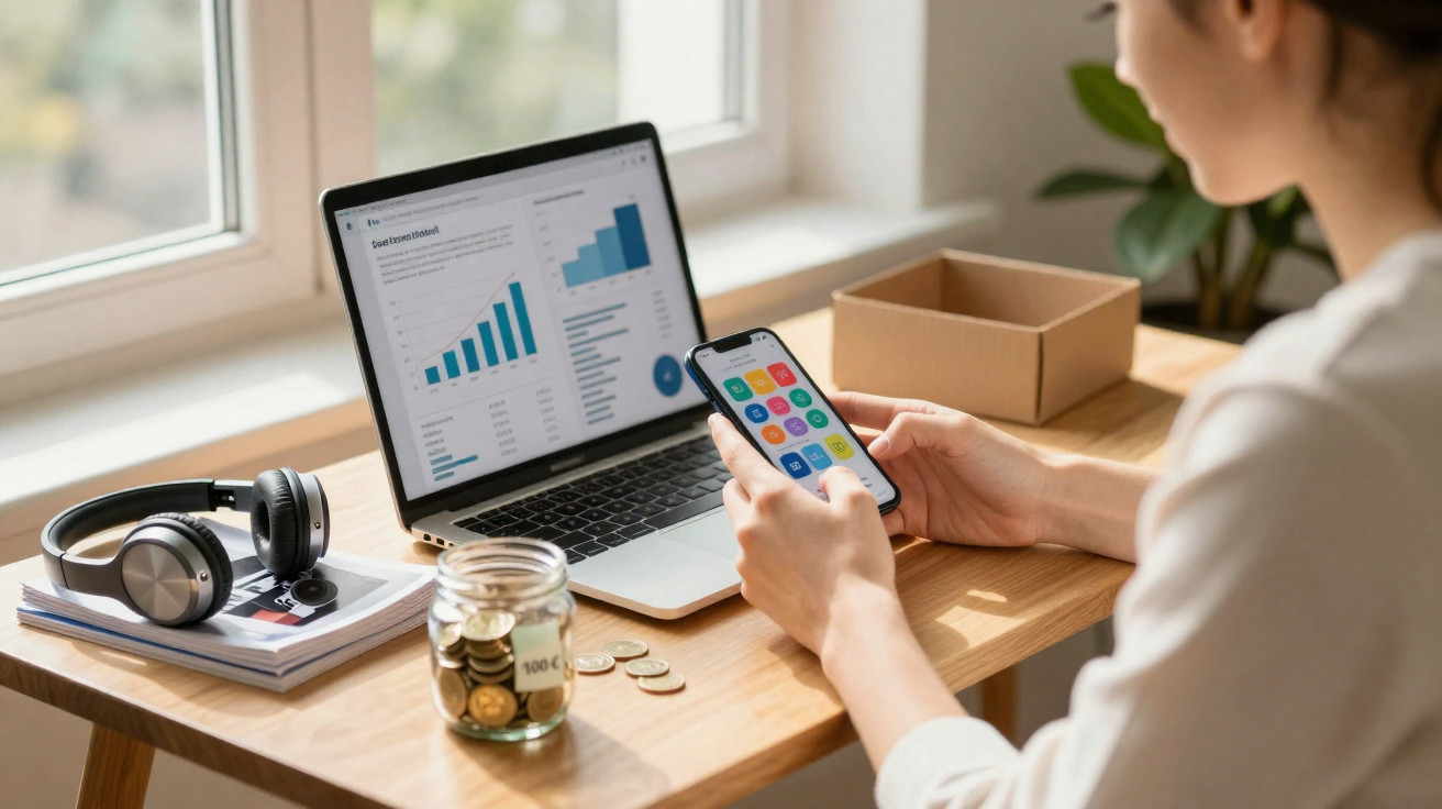 Pessoa a usar telemóvel junto a computador portátil com gráficos financeiros, moedas e auscultadores numa secretária.