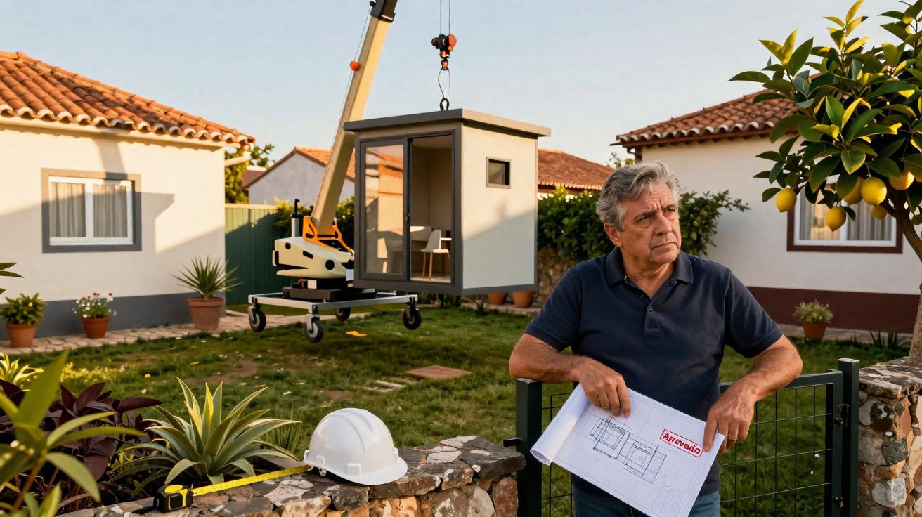Homem com planta de construção observa instalação de estrutura modular em jardim residencial.