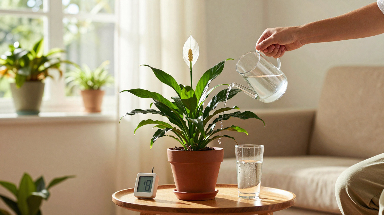 Pessoa a regar planta com flor branca numa sala iluminada, sobre mesa com copo de água e termómetro digital.