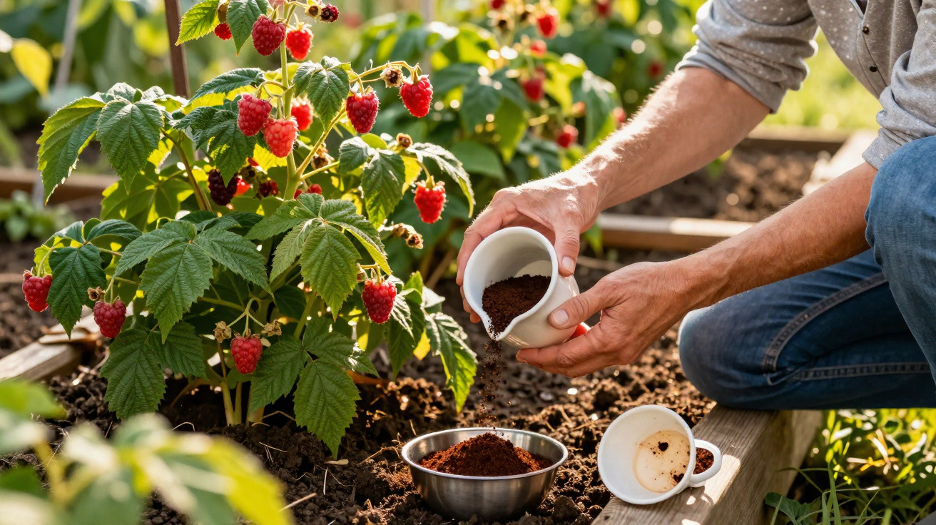 Pessoa a usar borra de café para fertilizar plantas de framboesa num jardim elevado ao ar livre.